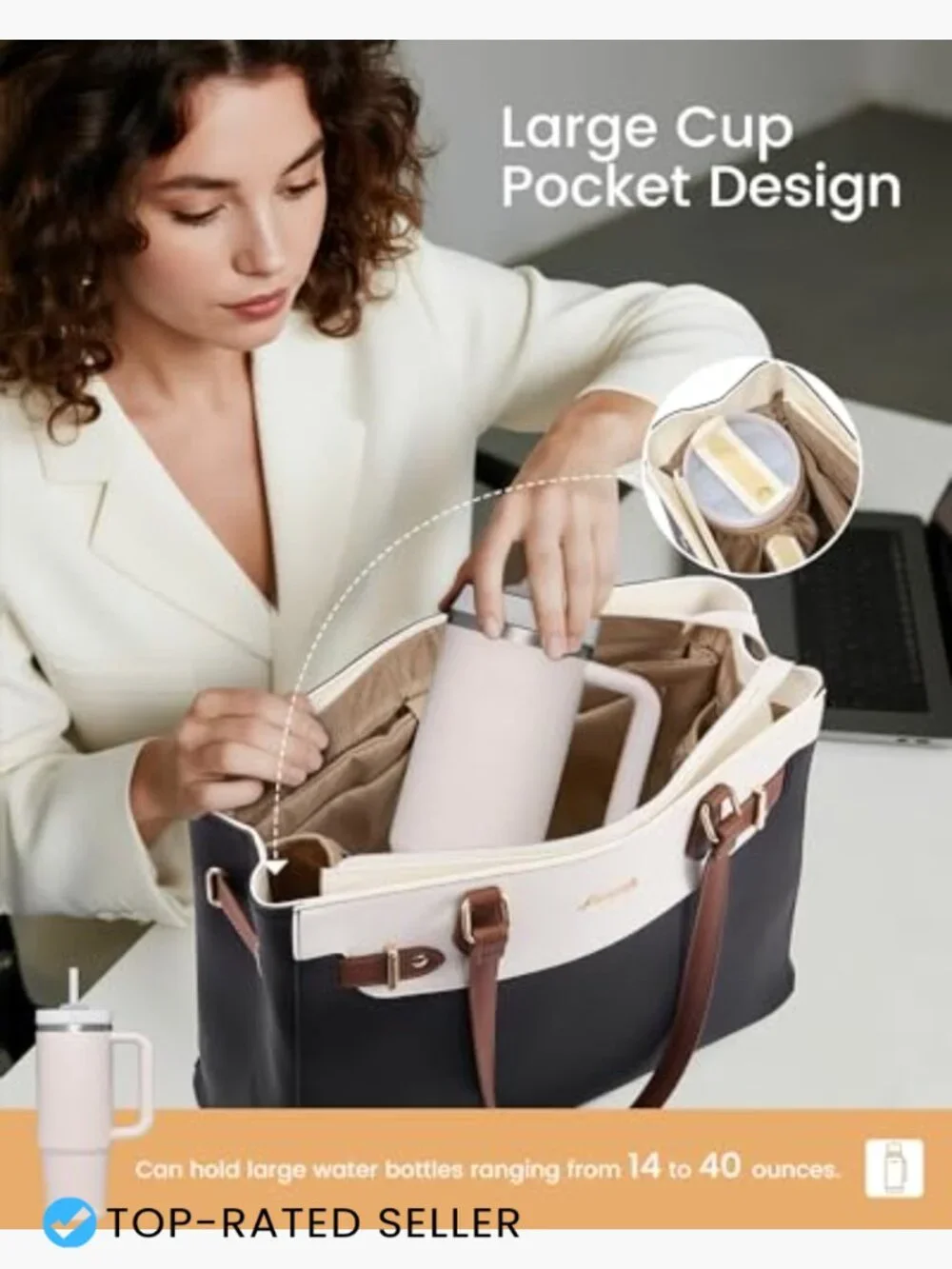 Waterproof Laptop Tote Bag with Cup Holder Work Teacher Women's Large Capacity